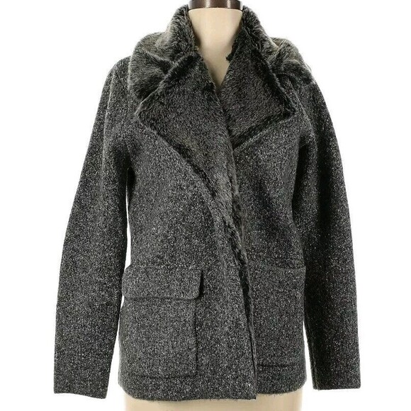 Mango Wool Trench Coat Winter Size 6 Gray Faux Fur Pockets Classic Mob Wife - Picture 2 of 12